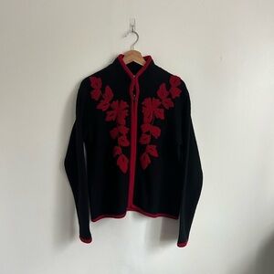 Coldwater Creek Black & Red Wool Floral Zip Up Jacket